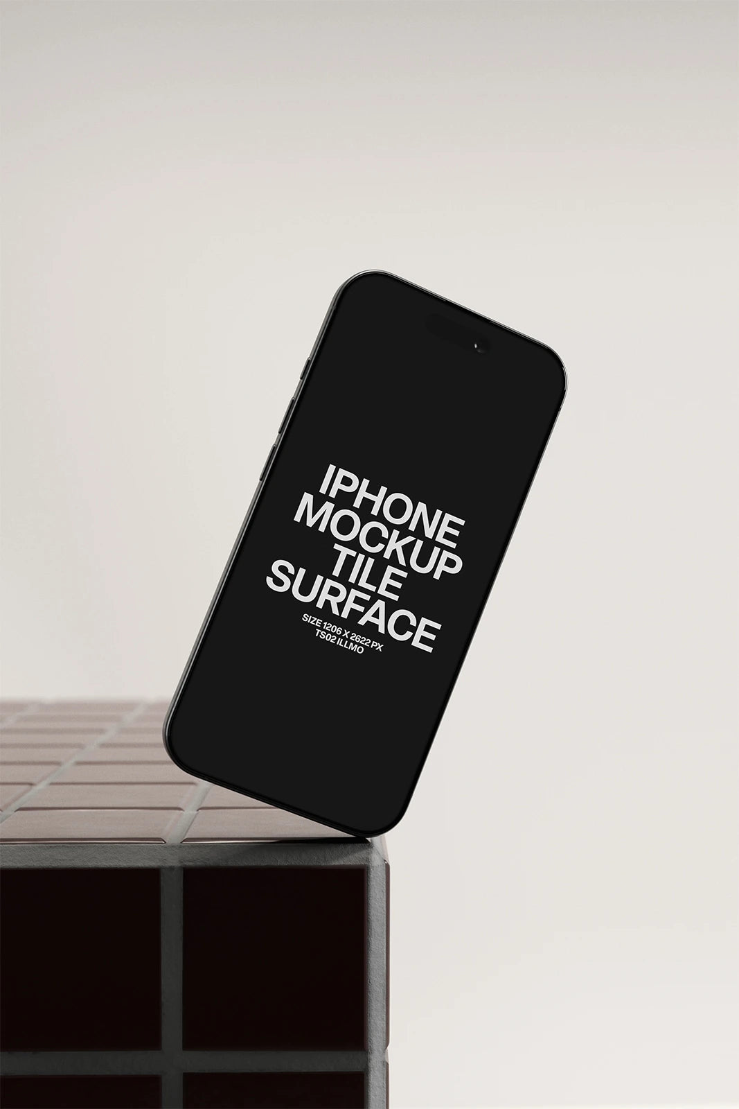 iPhone mockup on a burgundy tile table with a black UI placeholder for web and desktop UI presentation, angled view