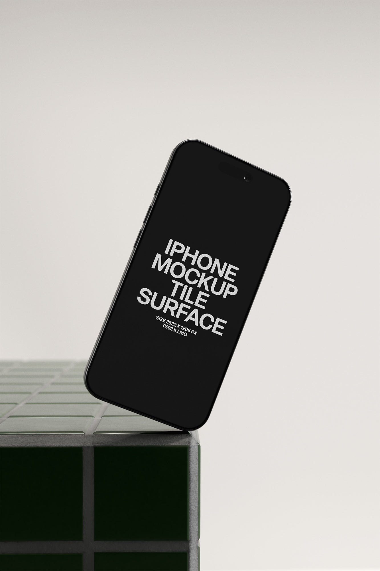 iPhone mockup on a green tile table with a black UI placeholder for web and desktop UI presentation, angled view