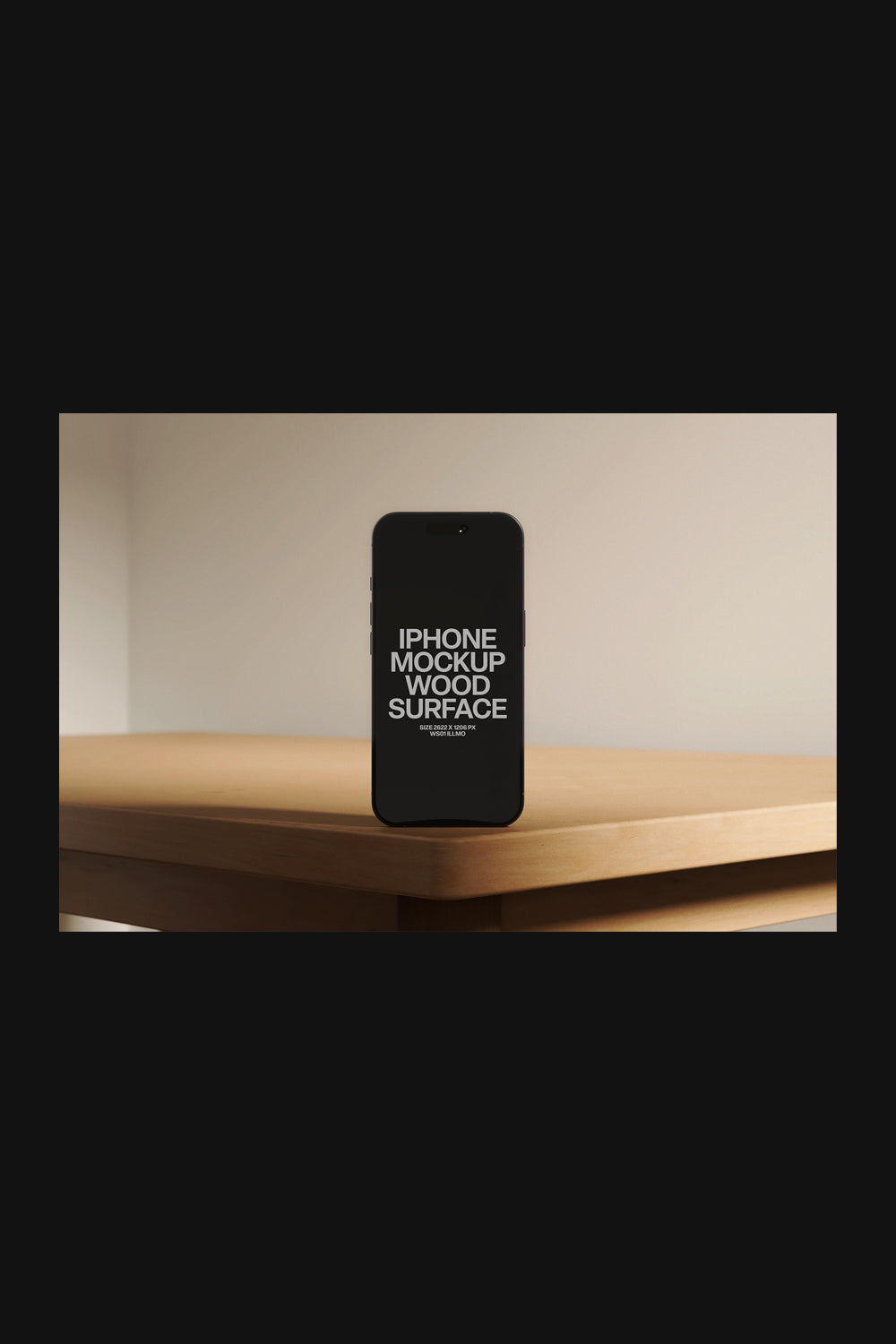 iPhone mockup on wooden desk surface with black UI placeholder for mobile app presentation, black frame, front view