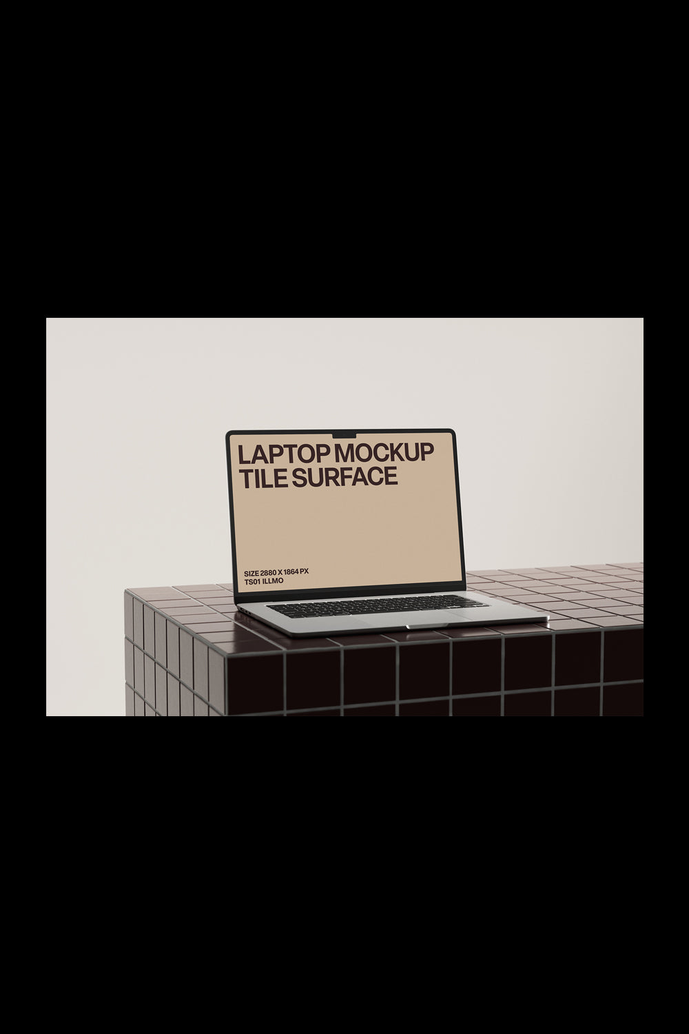 Laptop mockup on a burgundy tile table with a beige UI placeholder for web and desktop UI presentation, black frame, angled view