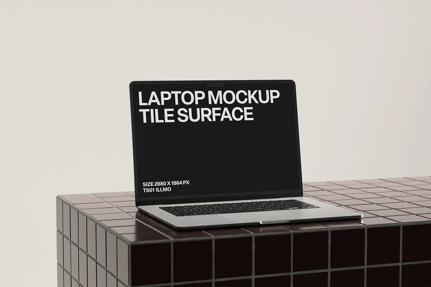 Laptop mockup on burgundy tile table with black UI placeholder for web and desktop UI presentation, angled view
