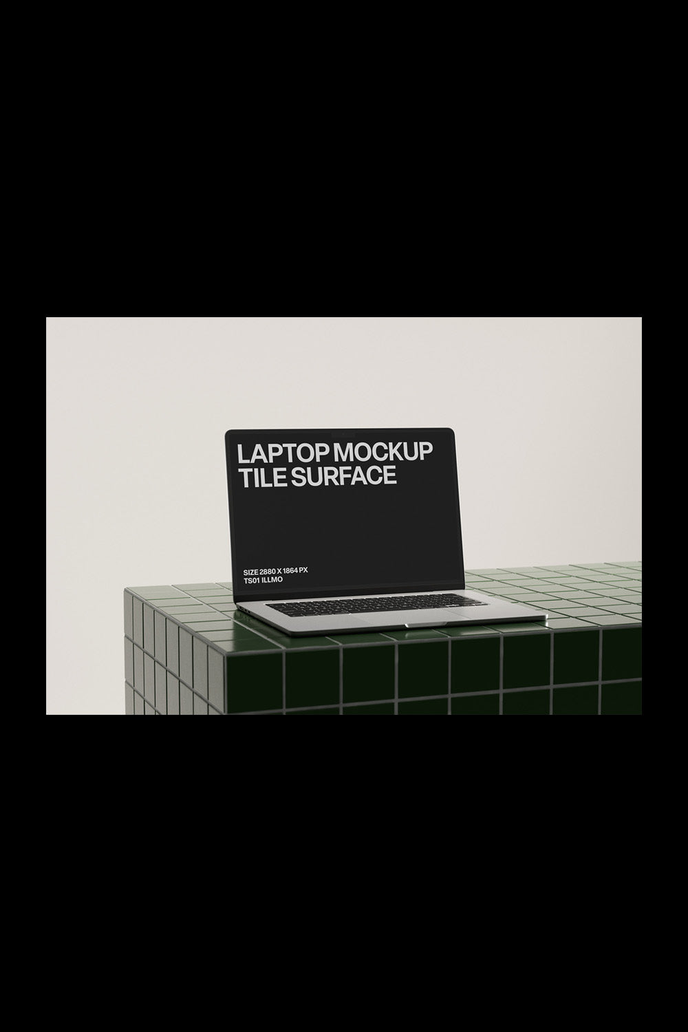Laptop mockup on a green tile table with a dark UI placeholder for web and desktop UI presentation, black frame, angled view