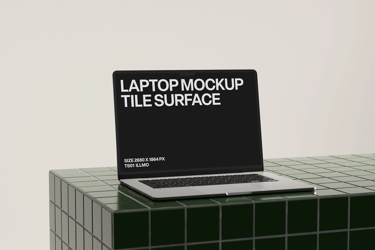 Laptop mockup on a green tile table with a black UI placeholder for web and desktop UI presentation, angled view