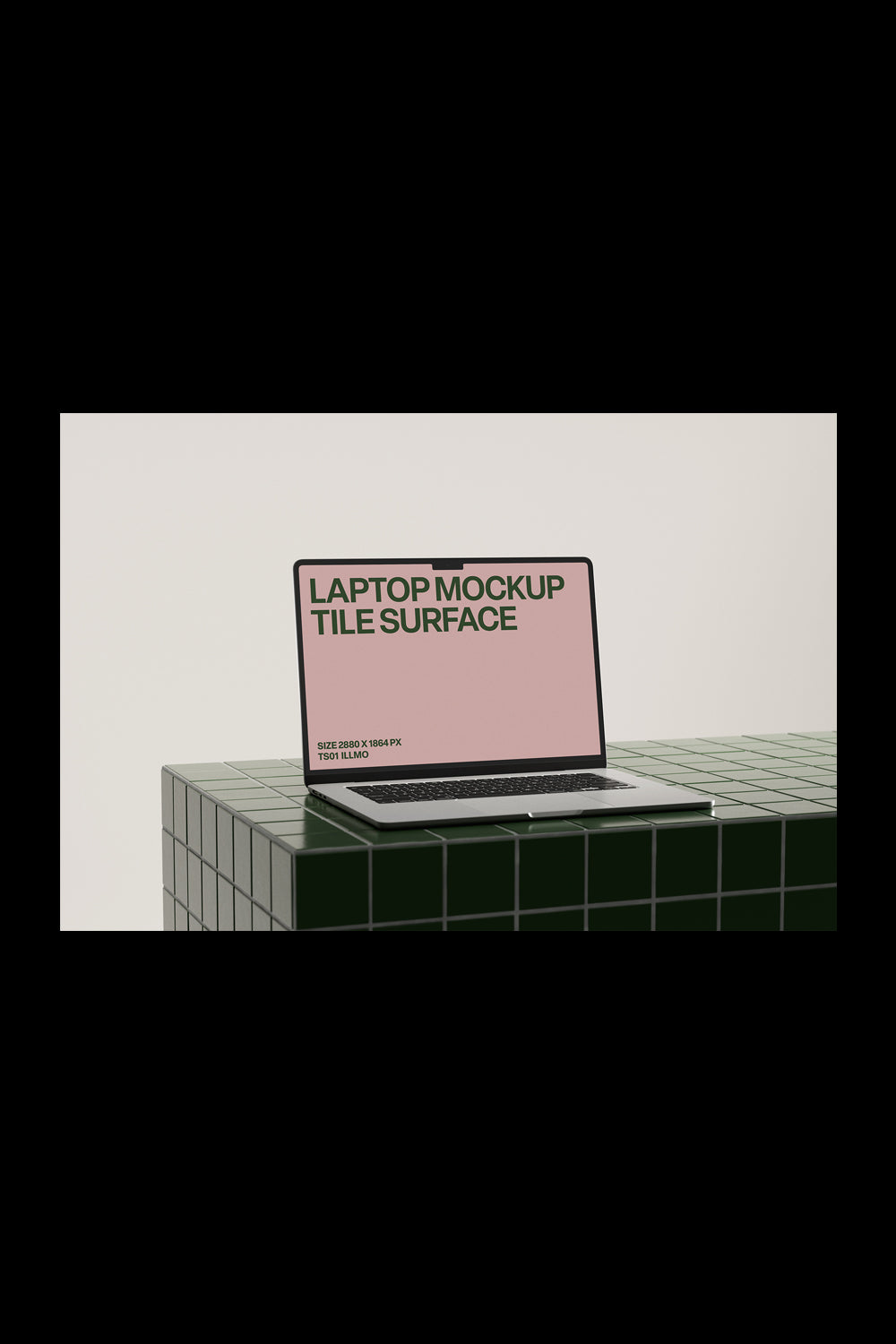 Laptop mockup on a green tile table with a pink UI placeholder for web and desktop UI presentation, black frame, angled view