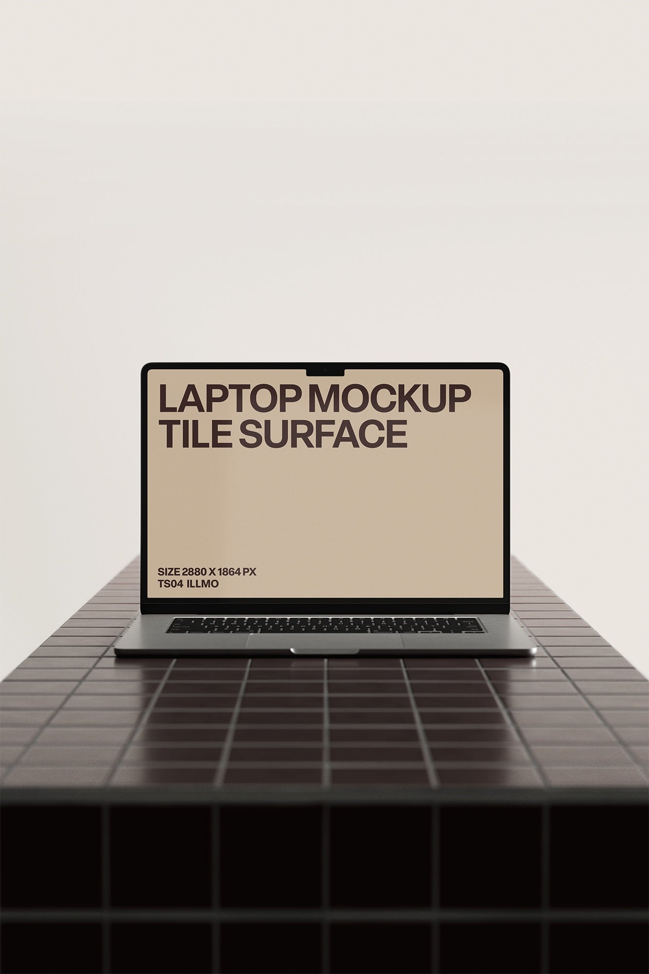 Laptop mockup on burgundy tile table with beige UI placeholder for web and desktop UI presentation, front view