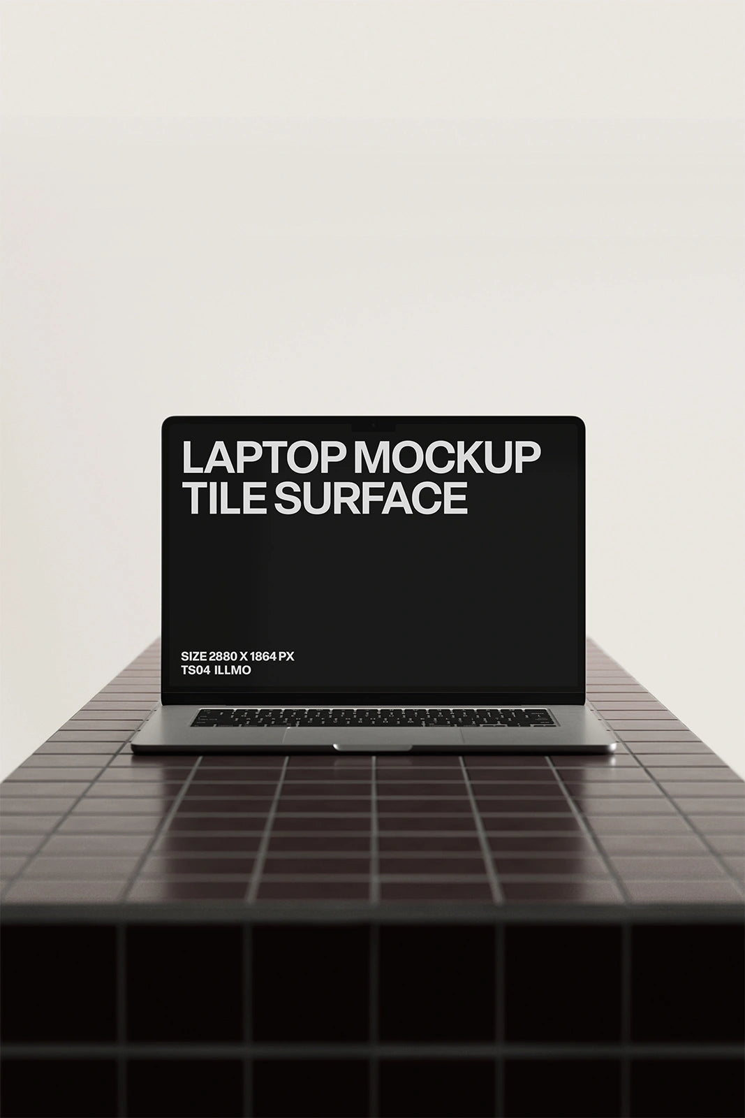 Laptop mockup on burgundy tile table with black UI placeholder for web and desktop UI presentation, front view
