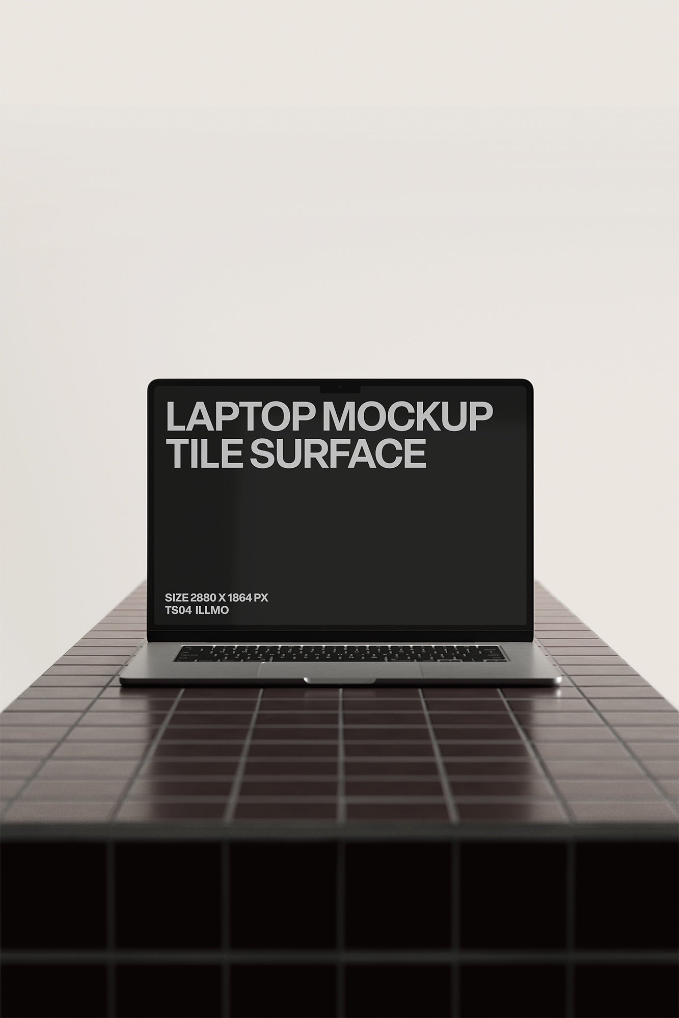 Laptop mockup on burgundy tile table with black UI placeholder for web and desktop UI presentation, front view