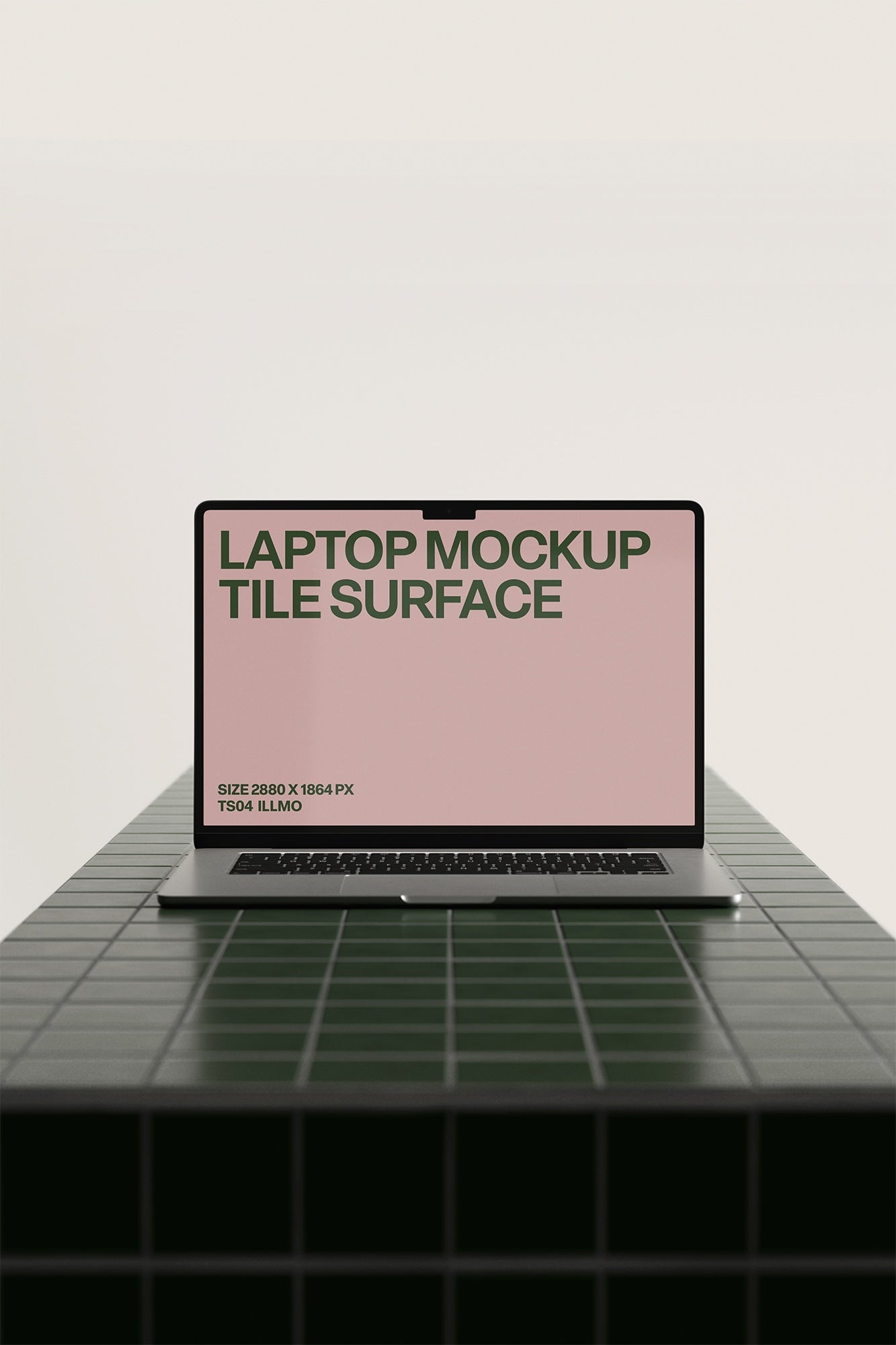 Laptop mockup on green tile table with pink UI placeholder for web and desktop UI presentation, front view