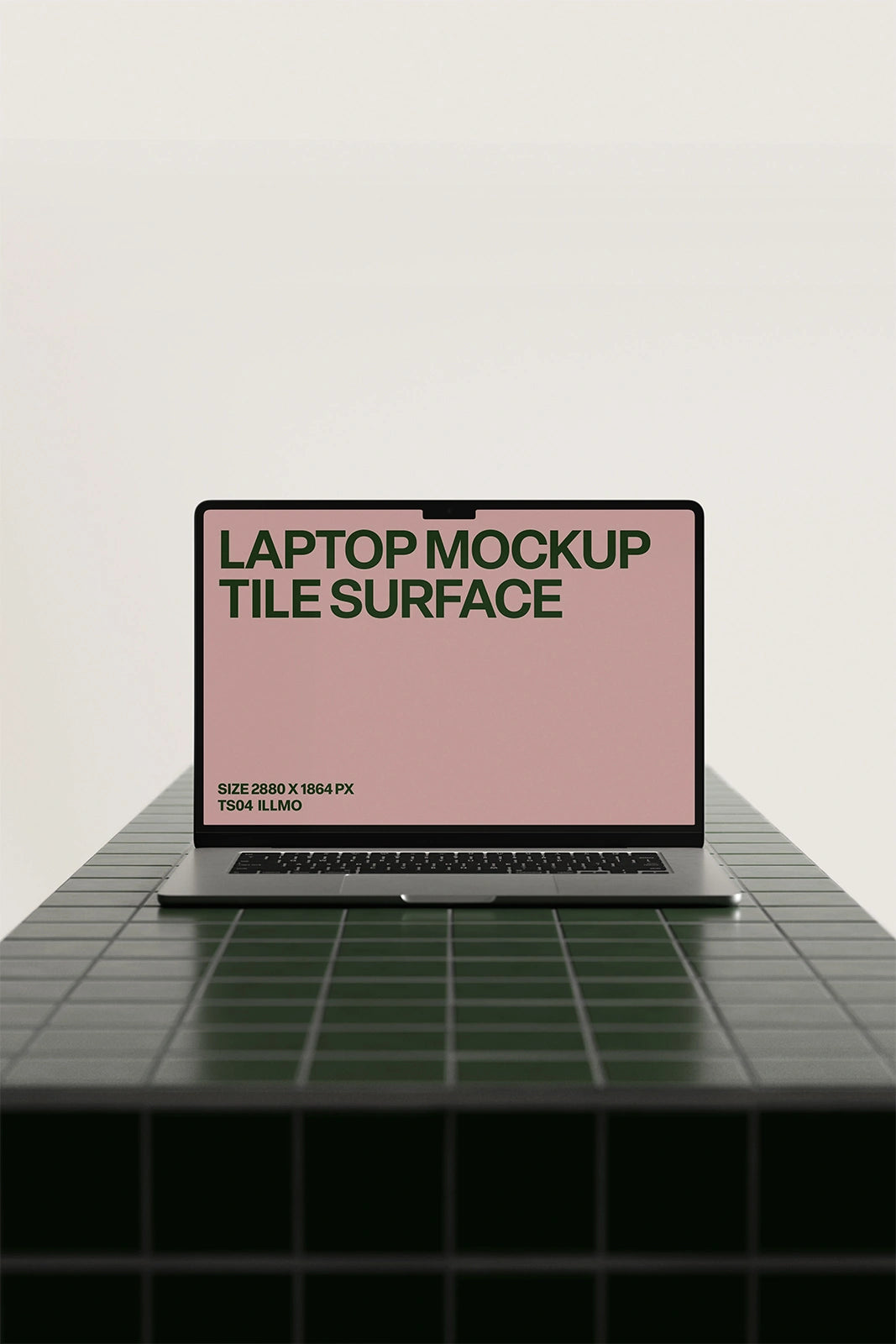 Laptop mockup on green tile table with pink UI placeholder for web and desktop UI presentation, front view