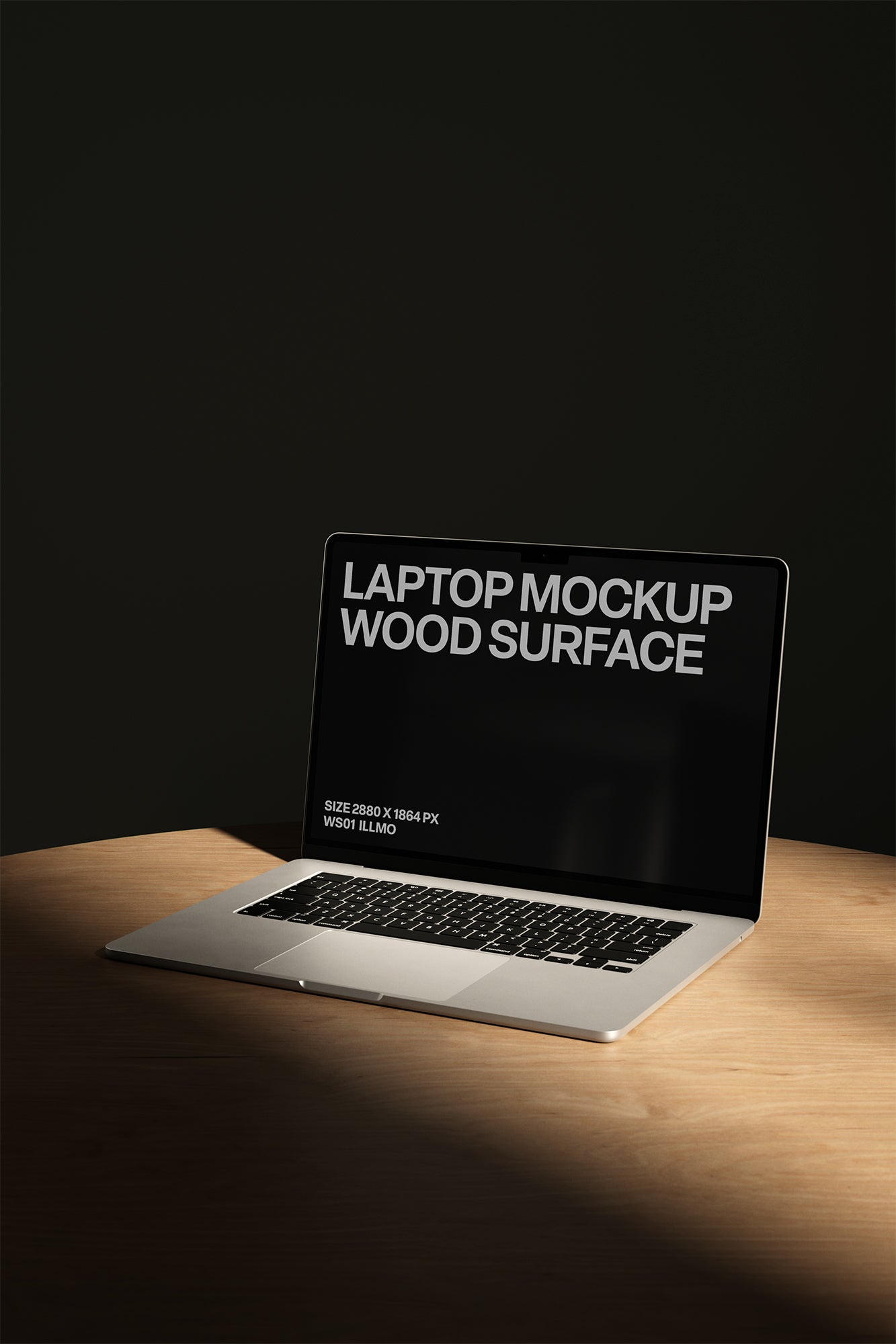 Laptop mockup on wooden desk with dark UI placeholder for web and desktop UI presentation, angled view