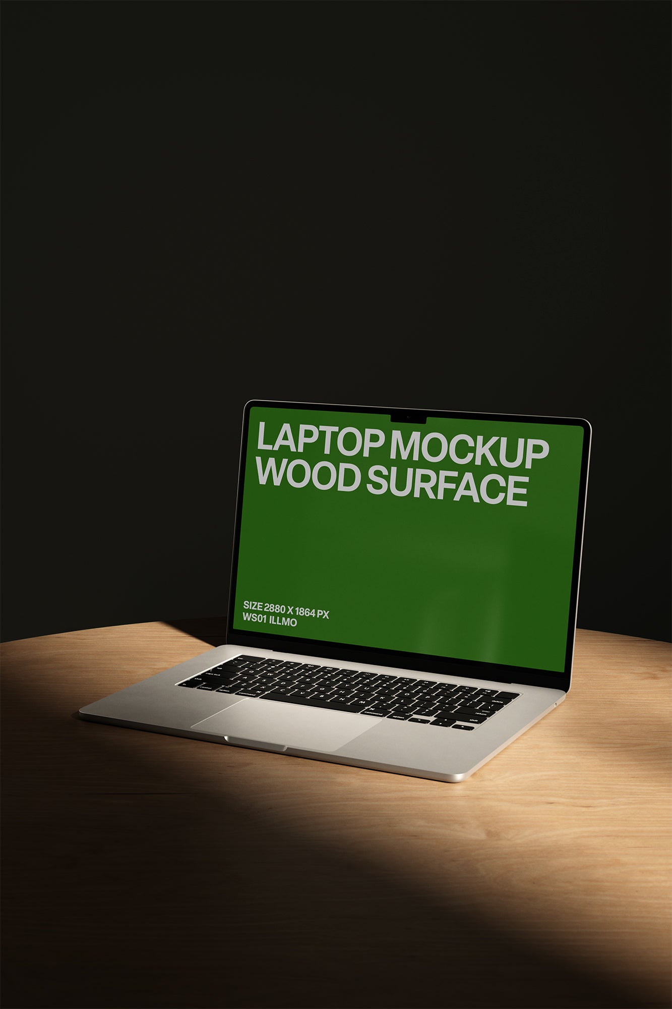 Laptop mockup on wooden desk with green UI placeholder for web and desktop UI presentation, angled view
