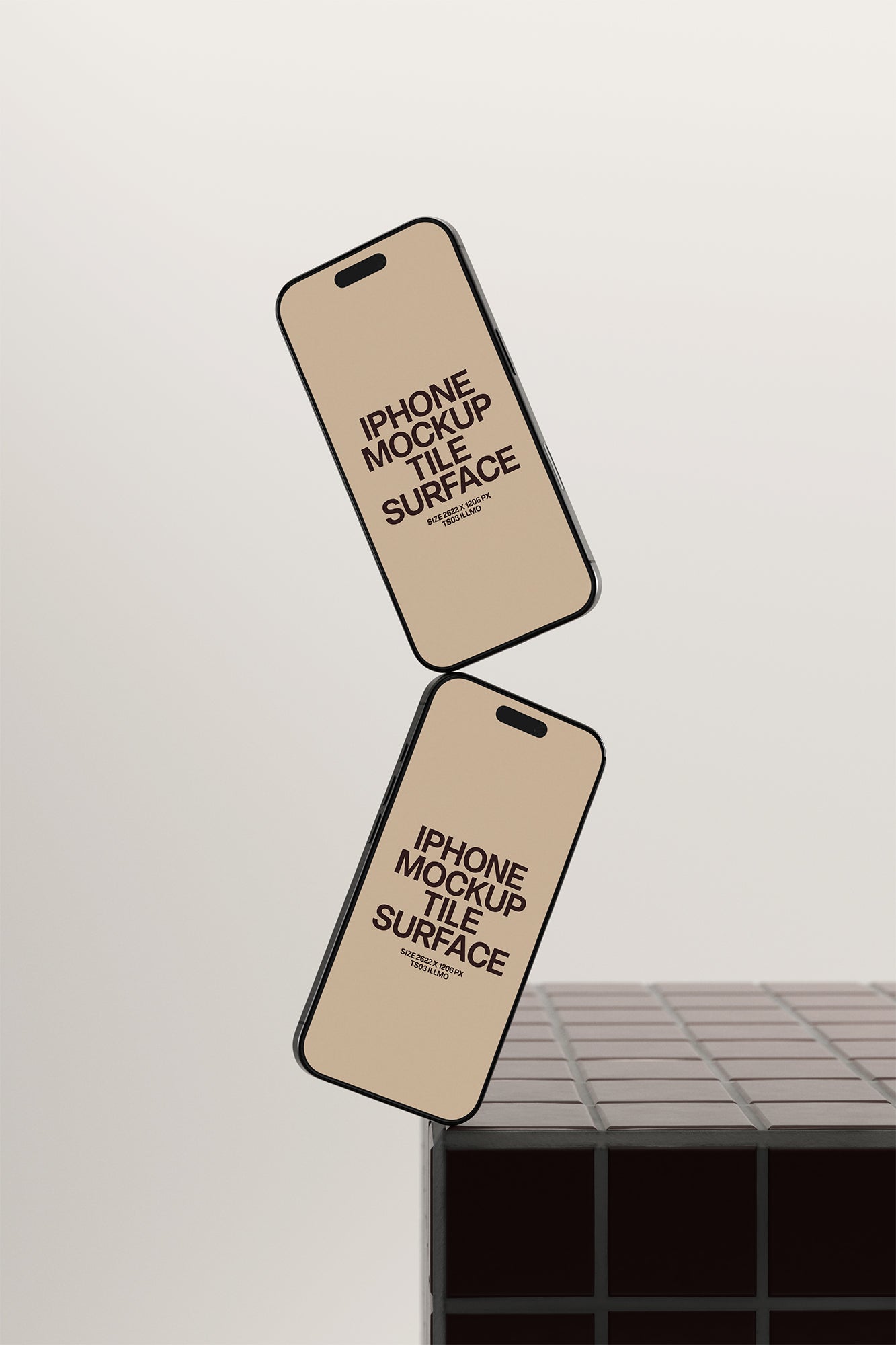 Two floating iPhone mockups on burgundy tile surface with beige UI for app and UI design presentation