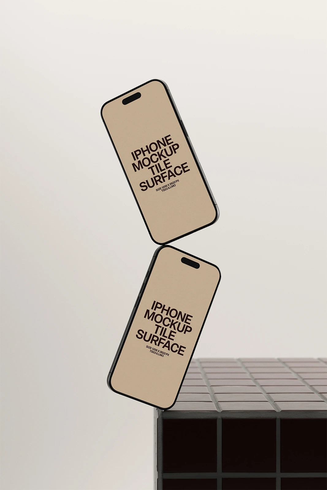 Two floating iPhone mockups on burgundy tile surface with beige UI for app and UI design presentation