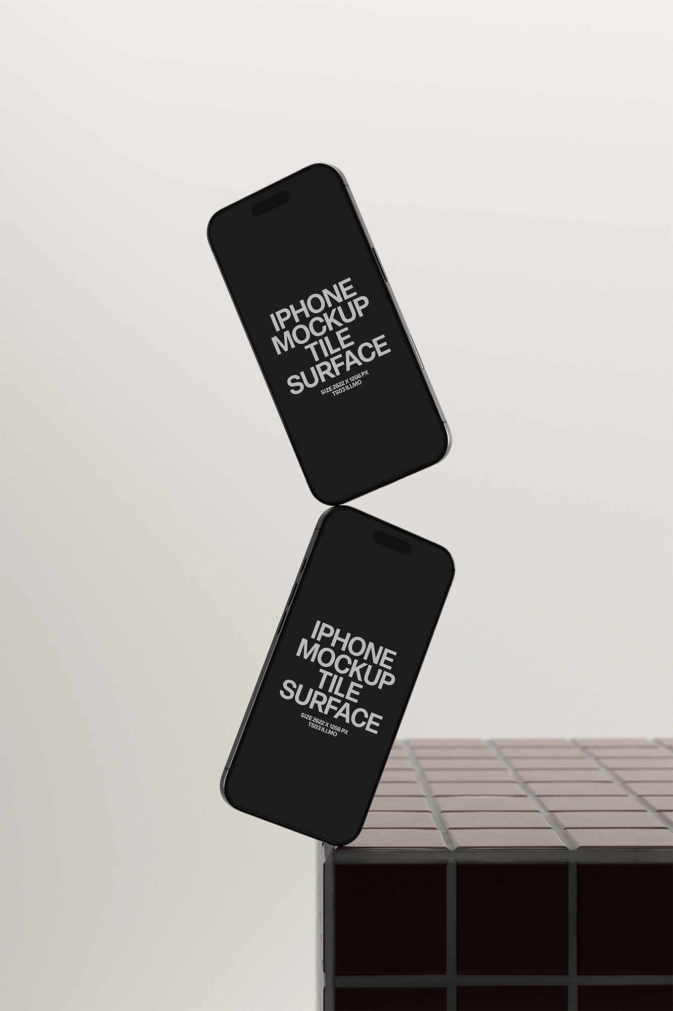 Two floating iPhone mockups on burgundy tile surface with dark UI for app and UI design presentation