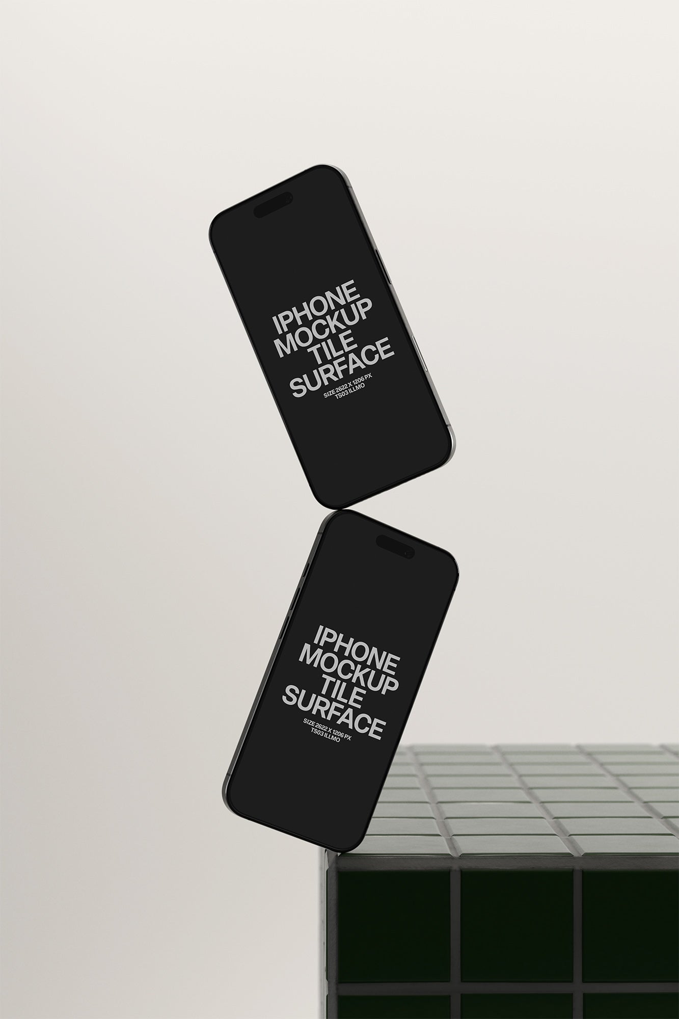 Two floating iPhone mockups on green tile surface with dark UI for app and UI design presentation