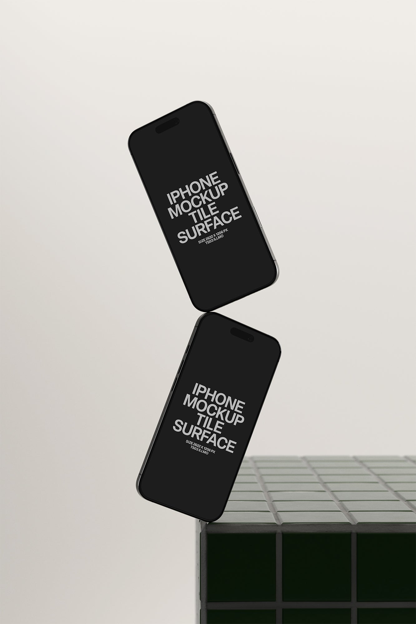 Two floating iPhone mockups on green tile surface with dark UI for app and UI design presentation