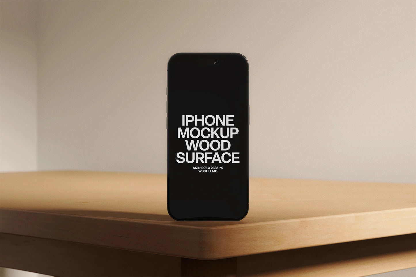 iPhone mockup on wooden desk surface with dark UI placeholder for mobile app presentation, front view