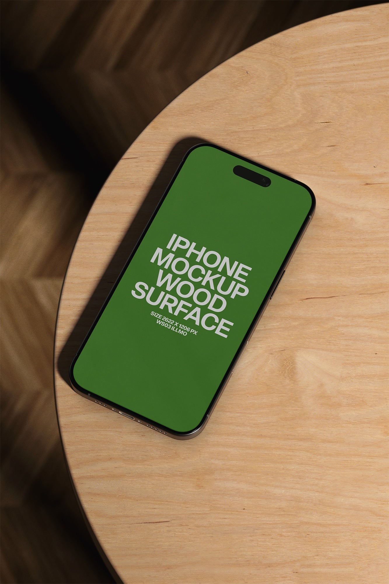 iPhone mockup on wooden desk with green UI placeholder for iOS UI presentation, close up view