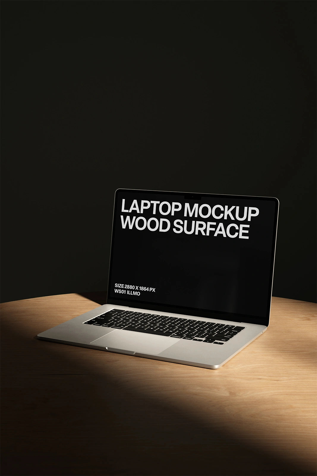 Laptop mockup on wooden desk with dark UI placeholder for web and desktop UI presentation, angled view